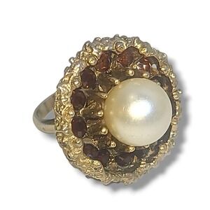 Vintage BSK Faux Pearl Garnet‎ Rhinestone Gold Tone Adjustable Cocktail Ring